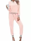 Aseniza Schlafanzug Damen Lang Pyjamas Baumwolle Zweiteiliger Nachtwäsche Lounge Set Langarm Hausanzug für Frauen mit Bündchen,A-Rosa,M