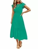 ZESICA Gestuftes Damen-Midikleid, Sommer, Freizeit, Flatter-Design. Kurzarm, Rundhalsausschnitt, gesmokte elastische Taille, Grün , XX-Large