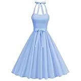 Odizli Sommerkleid Damen Sommer Elegant Rockabilly Vintage 50er Neckholder A Linien Knielang Petticoat Swing Kleider Hochzeit Hochzeitsgast Festliche Cocktailkleid Kurz Abendkleid Blau L