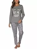 Reliwel Schlafanzug Damen Lang Baumwolle Pyjama Damen Rundhals Oberteil und Schlafanzughose Langarm Loungewear Sleepwear Hausanzug Nachtwäsche B#Schwarz, L