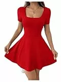 SweatyRocks Damen Minikleid Rot S Eckiger Ausschnitt A-Linie Sommerkleid Kurzarm Taschen Casual Party Cocktail Freizeit Tennis