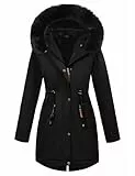 CMTOP Winterjacke Damen Lange Fleece Gefüttert Warm Wintermantel Wasserdicht Winddicht Damen-Jacken Dicke Winterparka Elegant Weich Fleecejacke Plüschjacke mit Fellkapuze, Taschen(Schwarz,M)