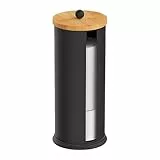 Relaxdays Toilettenpapier Aufbewahrung, 3 Rollen, HxD 49 x 14,5 cm, Metall, Bambus, Reserverollenhalter, schwarz/Natur