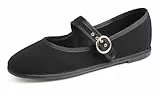 Feversole Mary Jane Halbschuhe,Flach Freizeit Tanzschuhe，Schwarzer Kord Mary Jane mit runder Schnalle 38