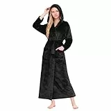 HEARTNICE Bademantel Damen mit Kapuze, lange weiche warme Fleece Morgenmantel in voller Länge Plüsch Hausmantel (Schwarz, L/XL)