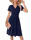 WUWUSKY Sommerkleid Damen Kurzarm V-Ausschnitt Knielang Midi Kleid mit Tasche Freizeit Kleider A Linie Leicht Casual Dress Sommer wickelkleid,Marineblau,XL
