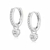 Ohrringe Silber 925 Hängend Creolen Klein Mit Herz Rund Zirkonia für Damen Mädchen Herren (Silber-Herz)