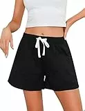 Sykooria Schlafanzughose Damen Kurz Pyjamahose Sporthose Kurz Sommer High Waist Kurze Hosen Nachtwäsche Shorts aus Baumwolle mit Taschen für Schlaf Sport Yoga, Schwarz, M