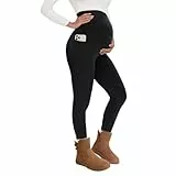 QGGQDD Thermo Umstandsleggings Damen mit Taschen High Waist Schwangerschaft Winter Blickdicht Warme Umstandsmode Leggings Sport Für Schwangere（Schwarz,L）