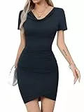 Missufe Damen Sommerkleid Freizeitkleid Bodycon Enges Kurzarm Figurbetontes Gerafftes Wasserfallausschnitt T Shirt Bleistiftkleider (Marineblau, Medium)