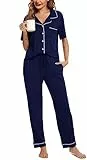 Lovasy Schlafanzug Damen Lang Kurzarm Pyjama mit Knöpfen Schlafanzüge für Damen Zweiteiliger Loungewear Set mit Taschen und Kordelzug,Marineblau,L
