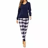 Mnemo Schlafanzug Damen 100% Baumwolle Bequemer Pyjama Damen Baumwolle mit Karomuster (Blau & Weiß, L)
