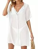 MELLIEX Damen Strandkleid Bikini Cover Up Knopfleiste Beach Strandponcho Pareos Kurzarm Locker Bademode Strandtunika Vertuschen Shirt, Weiß-L