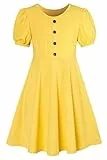 SFreeBo Kinder Kleider Gelb Mädchen Sommer Kleid für 9-10 Jahre Rundhals Kurzärmel Laternenärmeln Kinderkleid Einfacher Klassiker Freizeit Kleid Baumwollkleid