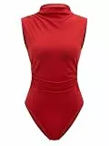 Allegra K Damen Ärmellos Body Stehkragen Seitlichen Raffungen Figurbetont Schnitt Basic Bodysuit Rot M
