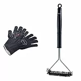 RÖSLE Premium-Grillhandschuhe, Hochwertige Handschuhe zum Schutz vor Verbrennungen & Grillrost-Reinigungsbürste, Hochwertige Grillbürste für Grillroste aus Edelstahl, Chrom und Emaille, 43 cm