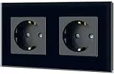 TAWOIA Schuko Steckdose, EU-Standard 2 Fach Glas Unterputz Steckdose 16Amp 250 V, Wandsteckdose mit Kristallglasplatte Schwarz 86×157mm