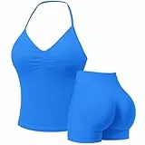 Nahtlose Fitness-Sets für Damen, 2-teiliges Neckholder-Crop-Top, Sport-BHs, versteckte Scrunch-Shorts, Yoga-Outfits, Activewear-Trainingsanzug, blau, 42
