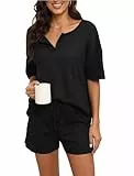Evolyline Schlafanzug Damen Kurz, Waffel Kurzarm Pyjama Set Sommer, V-Ausschnitt Shorty Pjama für Damen, Loungewear Nachtwäsche mit Taschen&Kordelzug S-XXL