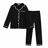 Lovasy Schlafanzug Damen Lang Winter Pyjama mit Knöpfen 2-Teilig Langarm Schlafanzüge für Damen Loungewear Set mit Taschen und Kordelzug,Schwarz,XL
