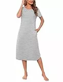 Litherday Nachthemd Damen Lang Nachtwäsche Kurzarm Streifen Schlafshirt aus 95% Baumwolle Loungewear Nachtkleid Sleepshirt, Hellgrau+weiß, XL
