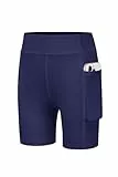 Arshiner Mädchen Shorts Sport Leggings Kurze Hose Blau Kinder Radlerhose Atmungsaktiv Hohe Taille Turnhose mit Tasche 160/13-14 Jahre