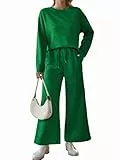 IFFEI Zweiteiler Damen Hausanzug Gerippte Strick Lounge Set mit Langarm Rundhals Pullover und Lange Hose Freizeitanzug Tracksuit 2 Teiler Set Outfit Grün Medium