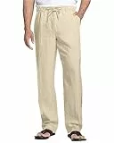NANAMEEI Hose Leinen Khaki L Sommerleicht, Elastischer Bund mit Kordelzug, Mit Taschen Design für Urlaub Hochzeit und Freizeit, Khaki L