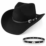 Closima 100% Wolle Herren Damen Western Cowboyhut Klassisch Schwarz Cowgirls Hüte Fedora Hut Filz mit Zwei Zierbändern, Schwarz (Black-b), M-XL