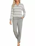 EvolSer Schlafanzug Damen Lang Baumwolle Pyjama Set Streifen Zweiteiliger Nachtwäsche Sleepwear mit V-Ausschnitt und Bündchen Grau L
