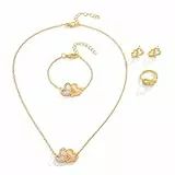 FDEETY Schmuckset Damen Doppelt Herz Kristall Anhänger Halskette Ohrstecker Armband Ringe Schmuck Set Brautschmuck Geschenke für Mädchen Hochzeit Engagement Party (Gold)