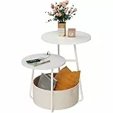 Rolanstar Beistelltisch Rund, Kleiner Tisch mit Ladestation, Runder Couchtisch mit großem Stoffkorb & 2 Ebenen, Moderner Nachttisch für Wohnzimmer & Schlafzimmer (Weiß)