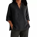 KOG Damen T-Shirts Freizeit Leinenshirt Kleidung Retro Kurzarm Blusenshirt Frau T-Shirt Leinen Top Frauen Rundhals Basic Shirts Schwarz XXL