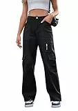 IVIR Cargohose Damen hohe Taille breites Bein Casual Hosen mit 7 Taschen elastische Schnüre Baggy Y2K Hosen Schwarz L