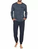 Sykooria Herren Schlafanzug lang mit Bündchen aus Baumwolle Zweiteiliger Pyjama Herren lang, Langarm Shirt & Schlafanzughose, Blau L