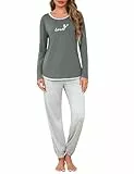 Crewhpo Schlafanzüge Damen für Winter Baumwolle Pyjamas mit Buchstaben-Print Nachtwäsche Zweiteiliger Langarm Schlafanzüge Set Loungewear Sleepwear Freizeitanzug