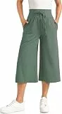 GITVIENAR Damen 3/4 Culotte Hose Freizeithose Outdoor Leichte Sporthose Lockere Traininghose Indoor Yogahose Weites Bein Elastischer Bund Tasche für Casual, Yoga, Fitness (Malachitgrün,M)