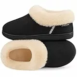 EverFoams Damen Geschlossener Rücken Hausschuhe Microsuede Flauschig Warm Kunstfell Memoryschaum Innen Außen Pantoffeln Schwarz, 38-39 EU