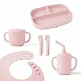 Ergobaby Kindergeschirr-Set Deluxe für Babys und Kleinkinder ab 6 Monaten, Baby Geschirrset mit 2 Bechern, Tablett, Lätzchen und Besteck, ohne BPA, PVC und Phthalaten, Blush Pink