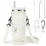 Enbagold Wasserflaschenhalter Tasche für Stanley Cup 40oz, Stanley Cup Tasche mit Riemen und Telefontasche, Strohzubehör & Auslaufsicheres Zubehör und Karabinerhaken (Cream Weiß)