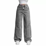 Generisch Jeanshose Damen Wide Leg Hose Baggy Jeans Straight Jeanshosen High Waist Palazzo Hose Weites Bein Stoffhose Hosenanzug Elegant Freizeithosen mit Taschen Light Gray S