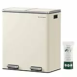 SONGMICS Mülleimer, 2 x 30 Liter, 2 Fächer, Mülltrennsystem, Treteimer, Abfalleimer Küche, 15 Müllsäcke, Metall, Inneneimer aus Kunststoff, Klappdeckel, Softclose, luftdicht, mandelfarben LTB060A01
