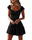 Cicy Bell Damen Sommer Rüsche Mini Kleid Smocked Boho Kleider Herzausschnitt Einfarbig Freizeitkleid Schwarz M