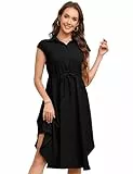 KOJOOIN Kleid Damen Sommer Kurzarm Blusenkleid Elegant Wickelkleid Revers Style Freizeit Kleid mit Knopfleiste Schwarz L
