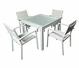 Mommahome® Set mit ausziehbarem Tisch und 4 Stühlen, Gartenmöbel-Set für den Außenbereich, 5-teilig, Aluminiumgestell, Tisch und Stühle für Terrasse, wasserdicht, wetterfest (weiß)