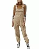 yoeasy Damen-Overall Latzhose, warm, Fleece, flauschig, ärmellos, Winter, locker, verstellbarer Riemen, Jumpsuits mit Taschen, Khaki, Large