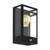EGLO Außen Wandlampe Alamonte, 1 flammige Außenleuchte mit Bewegungsmelder, Dämmerungssensor, Wandleuchte aus Metall in Schwarz, Glas in Klar, Außenlampe E27, IP44