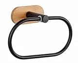WENKO Turbo-Loc® Handtuchring Orea Bamboo, Halter für Handtücher aus Schwarz matt lackiertem Edelstahl kombiniert mit Einer Wandhalterung aus Bambus, Befestigung ohne Bohren, 19,5 x 12,5 x 8 cm
