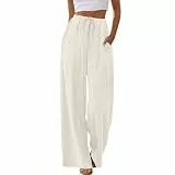 Sommerhose Damen Leicht, Musselin Hose Leicht Luftig Sommerhose Baumwolle Leinen Stoffhose Sommer Gerades Bein Strandhose Elegant Einfarbig Freizeithose Straight Leg Hose mit Kordelzug Taschen