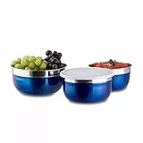 Relaxdays Schüssel Set mit Deckel, 3-teilig, unterschiedlich groß, Edelstahl, Küchenschüsseln, Vorrat, Camping, blau